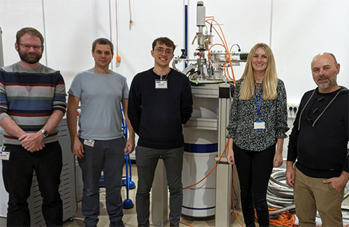 The Lancaster University team in the Apps Lab (from left to right Dr. Michael Thompson, Prof. Jonathan Prance, and George Ridgard) with Abi Graham and Ben Yager from Oxford Instruments NanoScience.